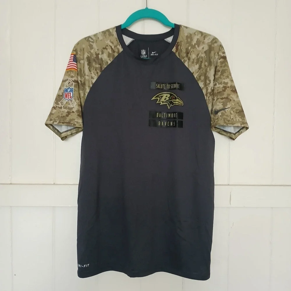 Baltimore Ravens Nike T Shirt M Green Camo Salute To Service Dri-Fit‎ 3/4 Sleeve
